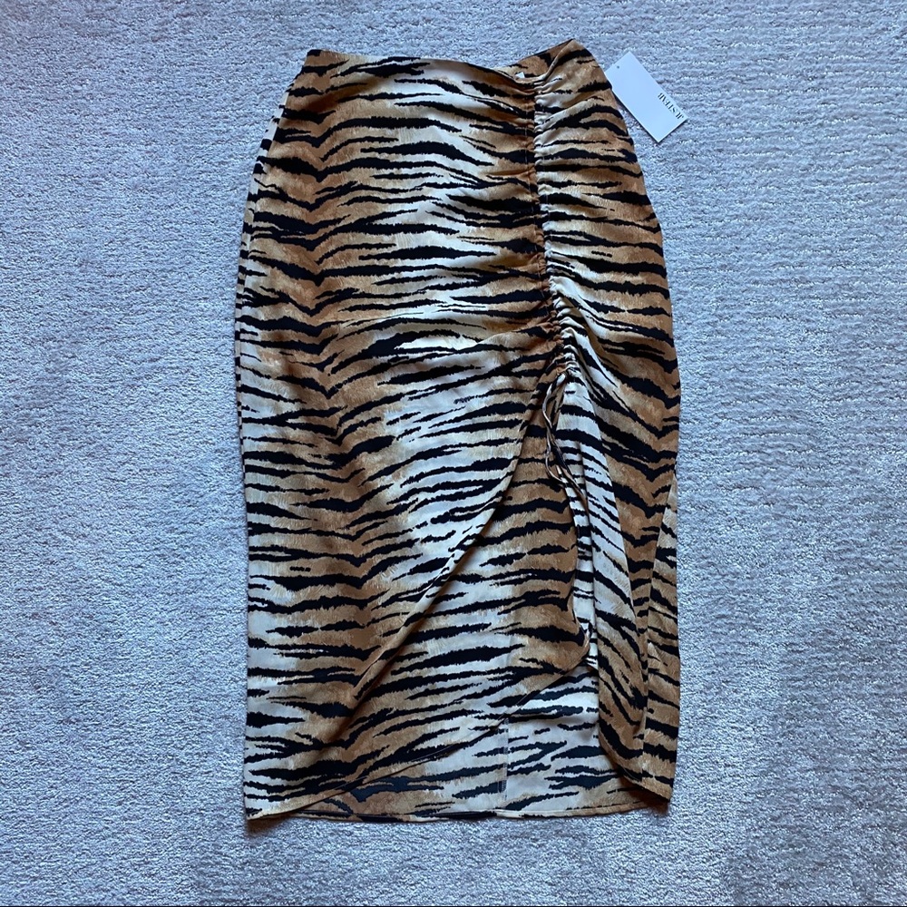Tiger Print Midi Skirt w/ Slit and Ruched Detail - Picture 2 of 5
